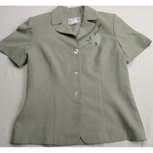 Studio I Women Green Short Sleeve Top Jacket Flower Print Design Size 14